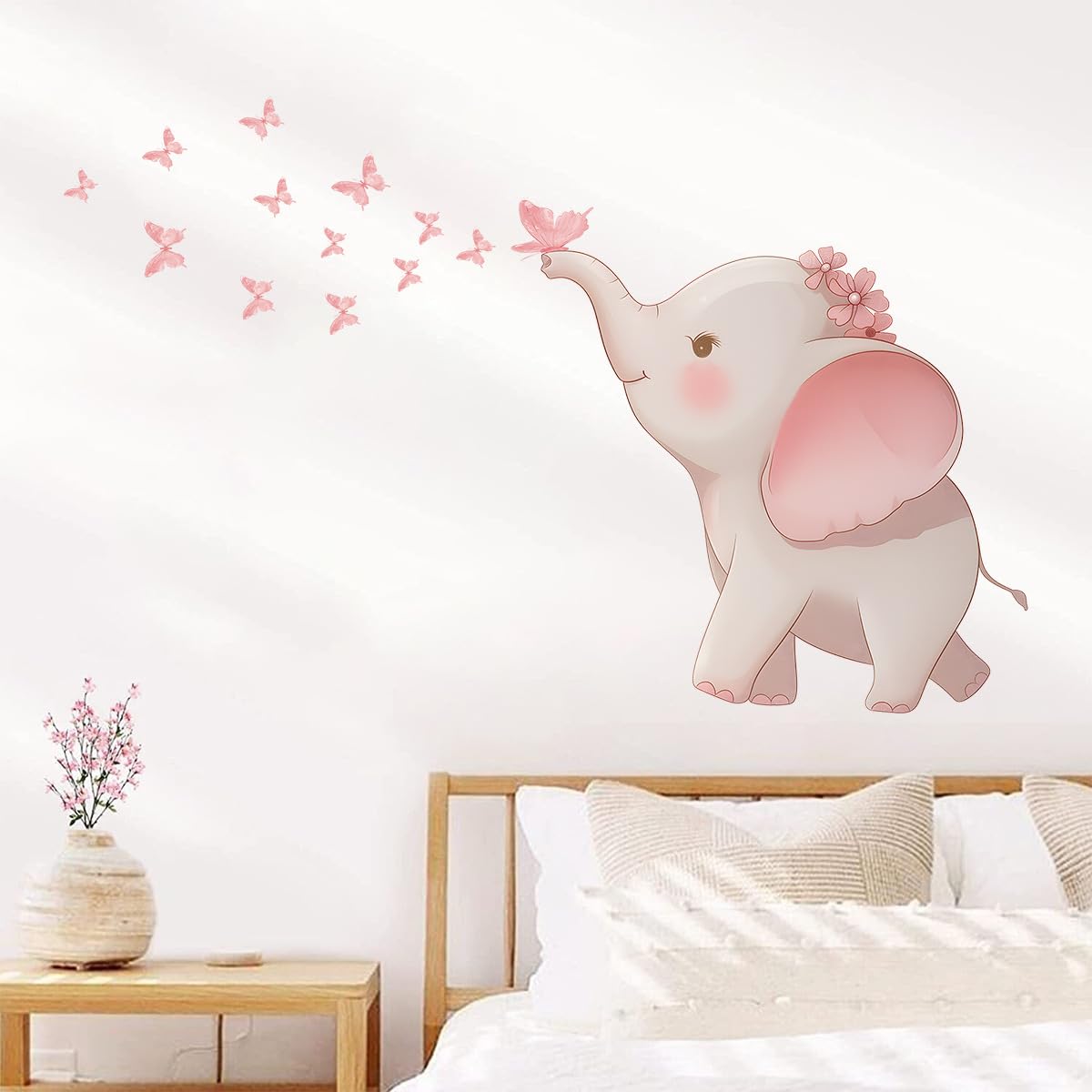 FUFUQUARE Pink Baby Elephant Blowing Butterflies Wall Stickers Cartoon Peel and Stick Wall Art Decals for Kids Girls Bedroom Playroom Living Room