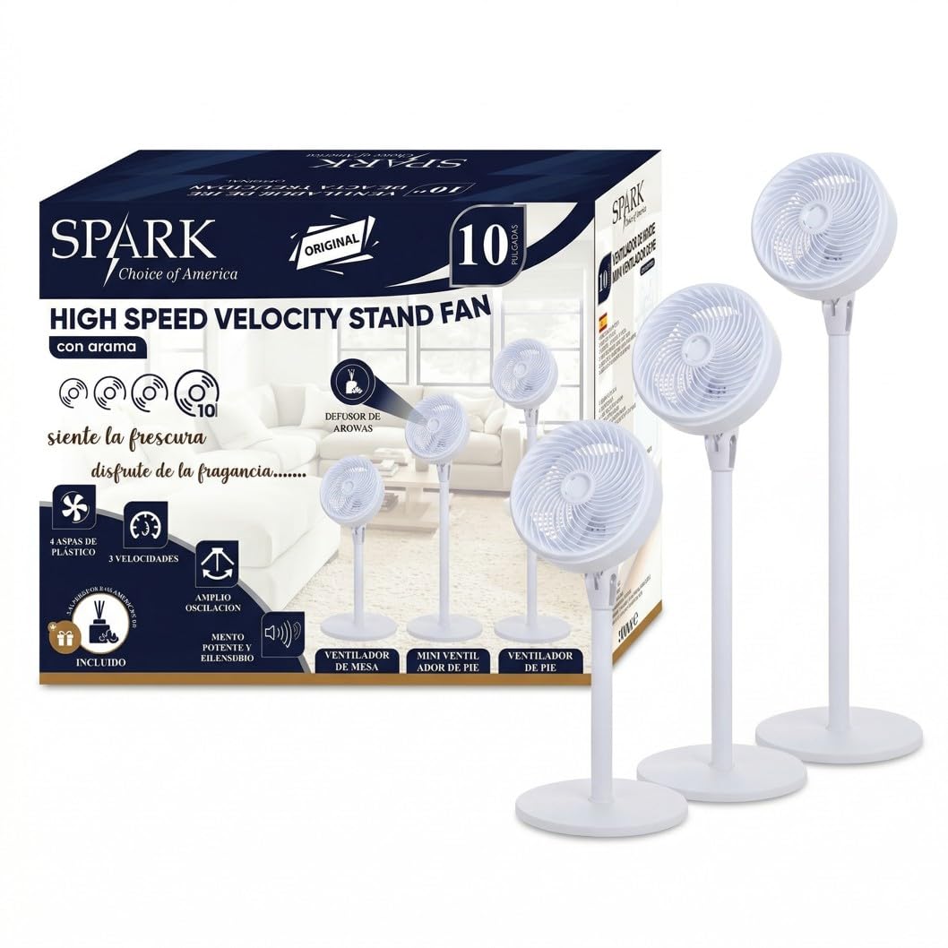 LoLek Spark Ventilador de Pie de Alta Velocidad 10", 3 en 1, 3 Velocidades, con Difusor de Aroma Incluido (Blanco)