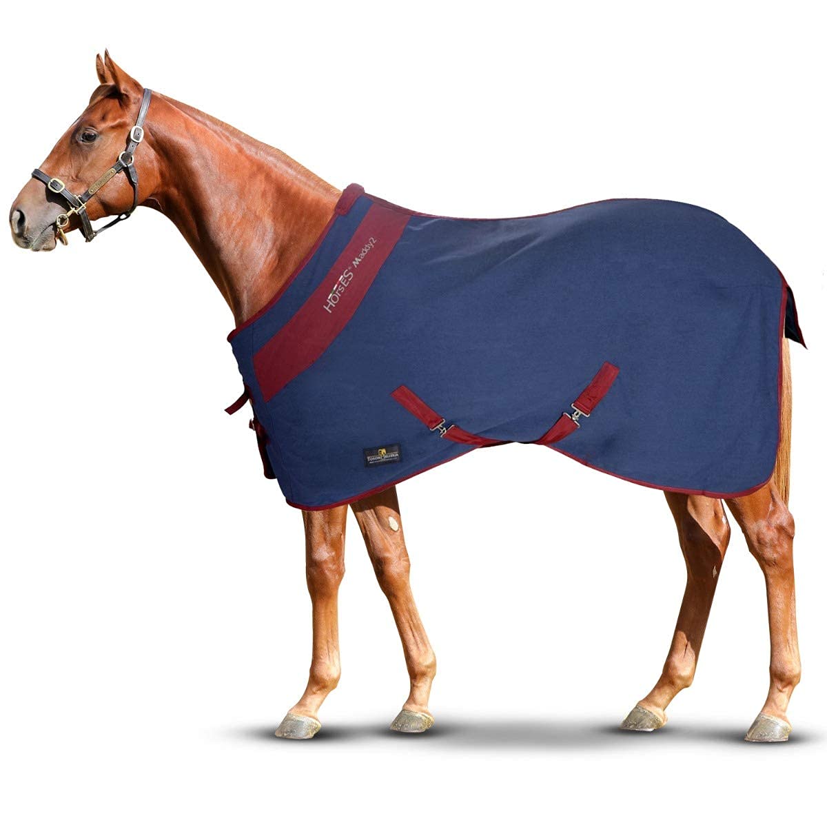 Manta de Cuadra Horses para Caballo en Algodón Modelo Maddy 2, Ligera y Transpirable para Primavera y Verano, con Cinchuelos y Cubrecola (Azul / Burdeos- 135 cm)