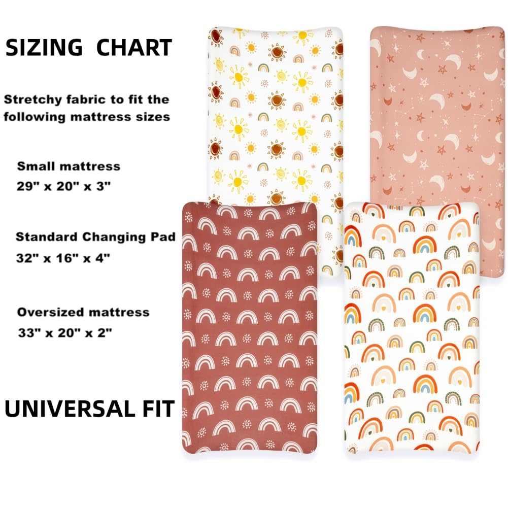 Paquete de 4 fundas para cambiador, sábanas bohemias para guardería, diseño de sol y arco iris, neutral, unisex, para bebés niños o niñas (funda para cambiador)