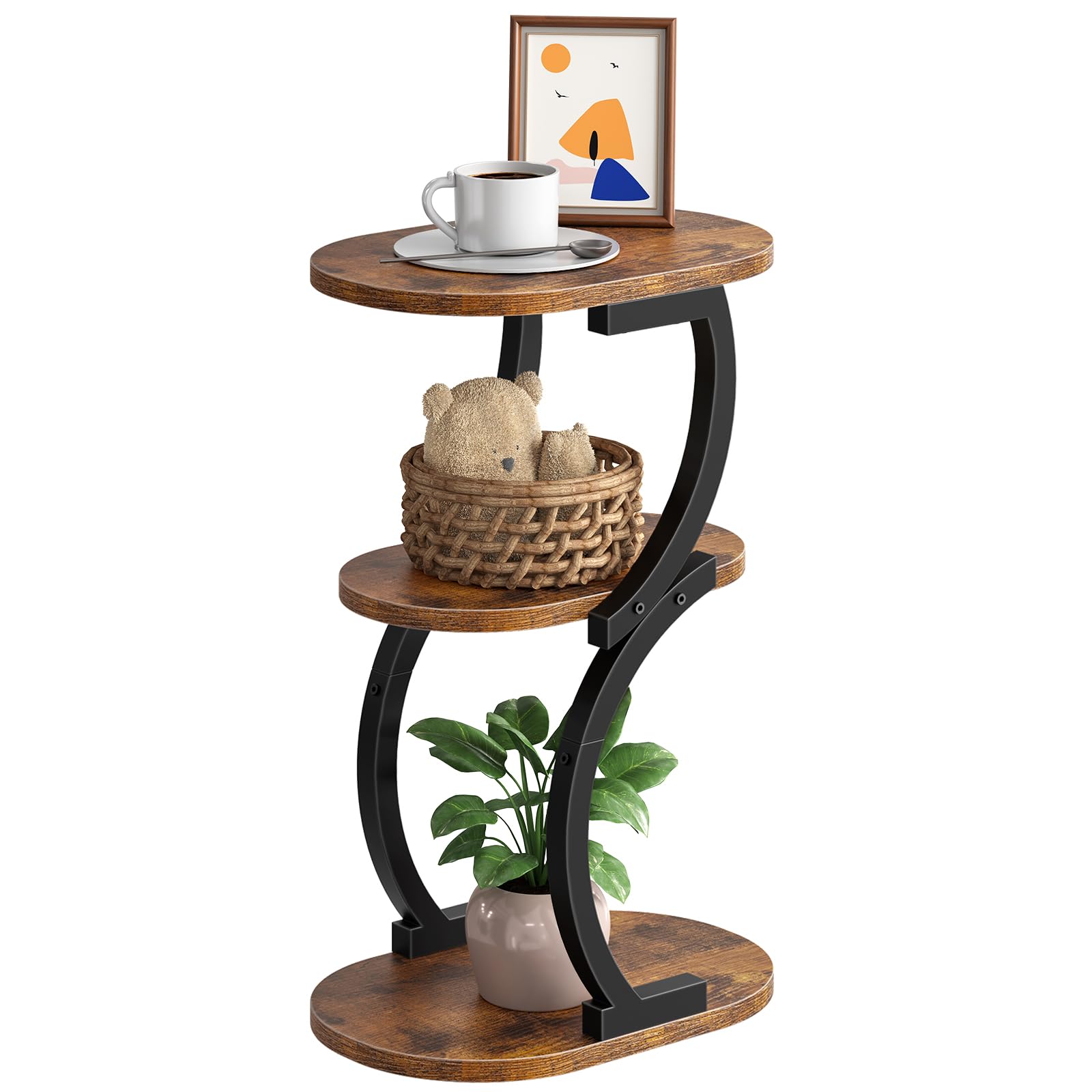 HOOBRO 3-Tier Side Table, Small Table with Storage Shelf, Oval Sofa Table for Small Space, Slim Bedside Table Round Corner Table for Living Room, Bedroom, Rustic Brown and Black EBF345BZ01