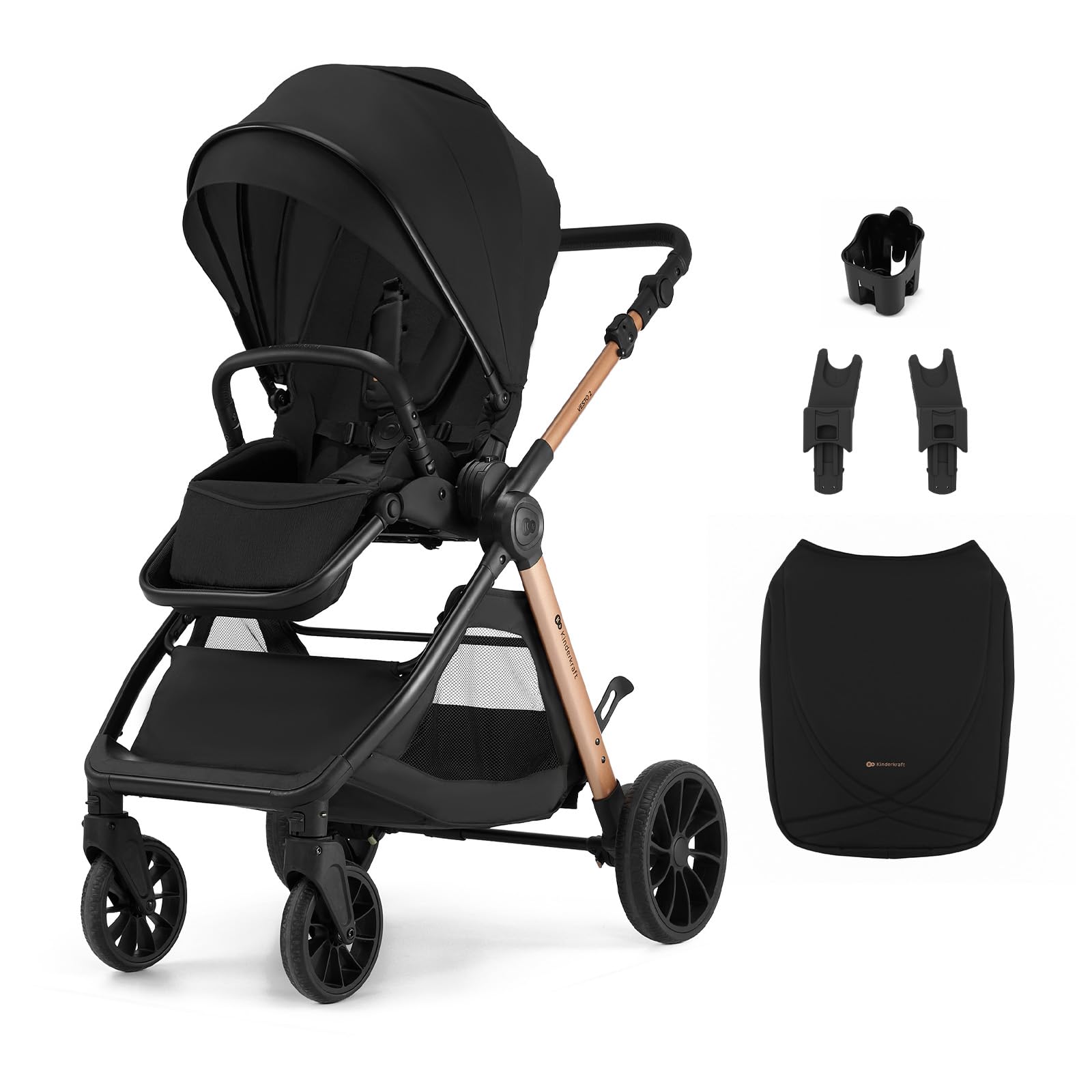 Kinderkraft VESTO 2 Stroller, Pushchair up to 22 kg, Dual-Facing Seat, One-Hand Memory Buttons, Self-Standing Fold, All-Wheel Suspension, Treaded 8” and 11” Wheels, Footmuff, Cup Holder, Black