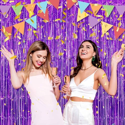 Image of 3 Pack Purple Foil Fringe Curtains Backdrop, 3.28 x 9.8 Ft Metallic Streamers Tinsel Curtains Background for Photo Booth, Birthday, Halloween, Christmas, Thanksgiving, New Year Party Decorations
