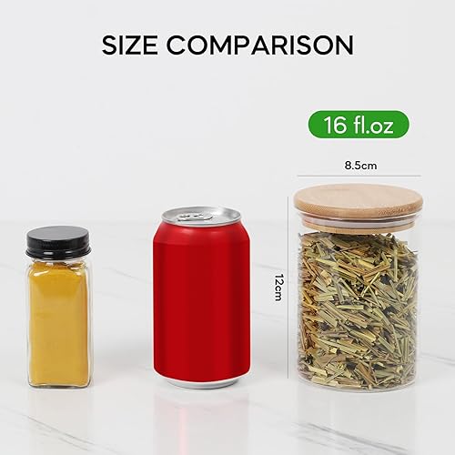Miniatura 10 de STARSIDE Contenedores de vidrio de 12 onzas con tapa de bambú, juego de 9 tarros de especias de vidrio con tapa de bambú, recipientes de