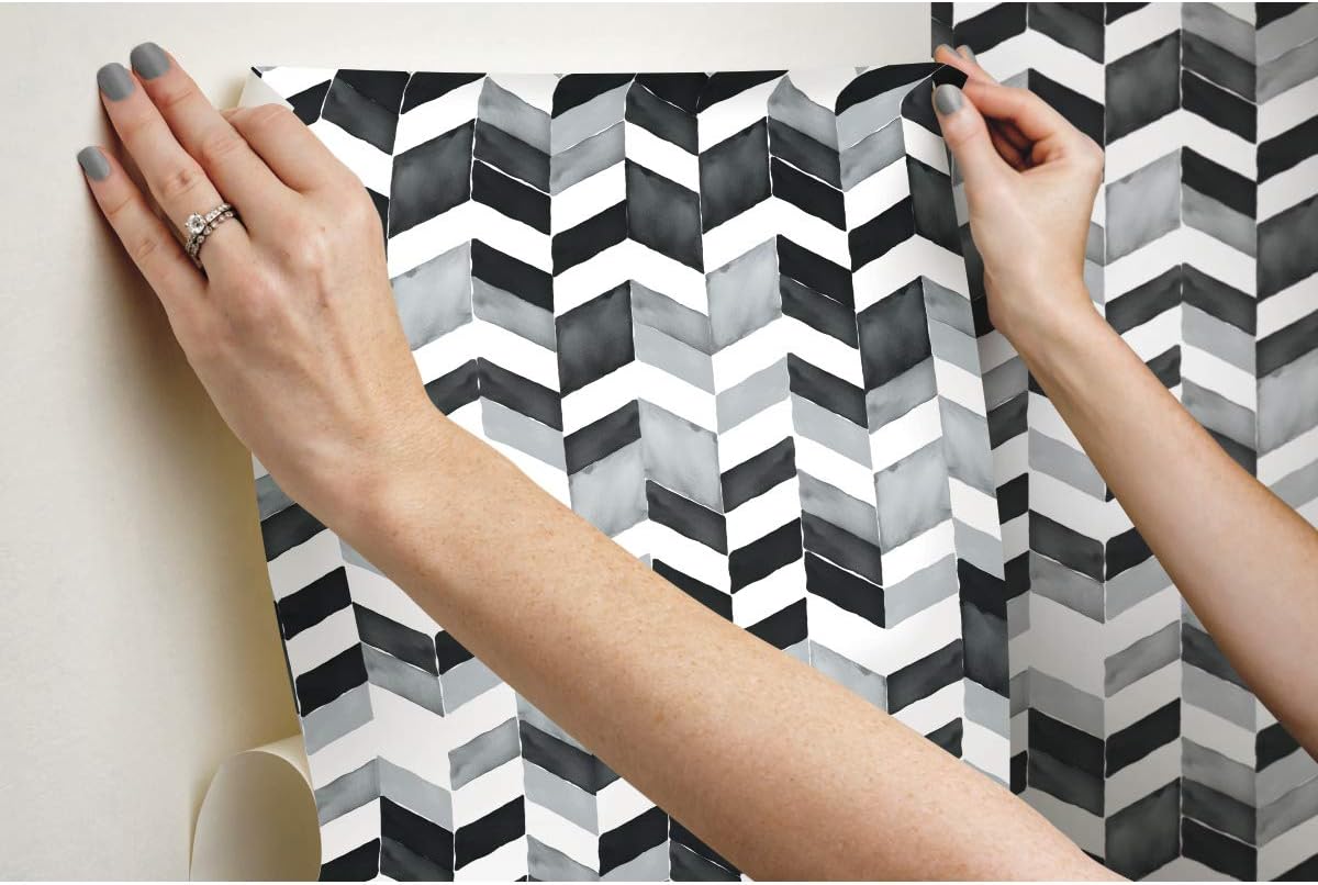 RoomMates RMK11356RL Paul Brent Black Watercolor Chevron Peel and Stick Wallpaper