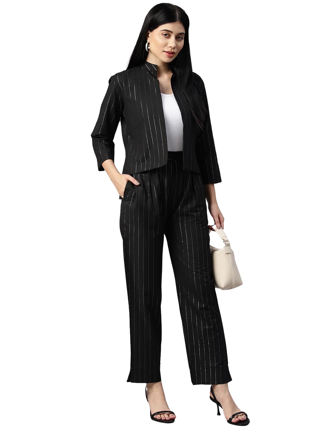 Women Self Desinged Striped Black Coat and Trouser Co-Ord Set-image-27