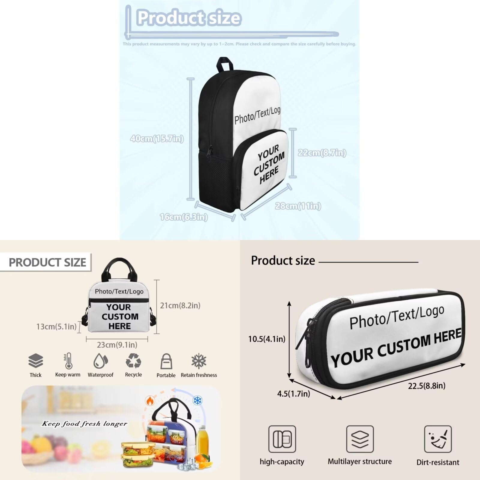 Biyejit Mochila escolar para niños y niñas, con bolsa de almuerzo y estuche para lápices, mochila casual para adolescentes, juego de 3, Imágenes personalizadas con el nombre de tus hijos