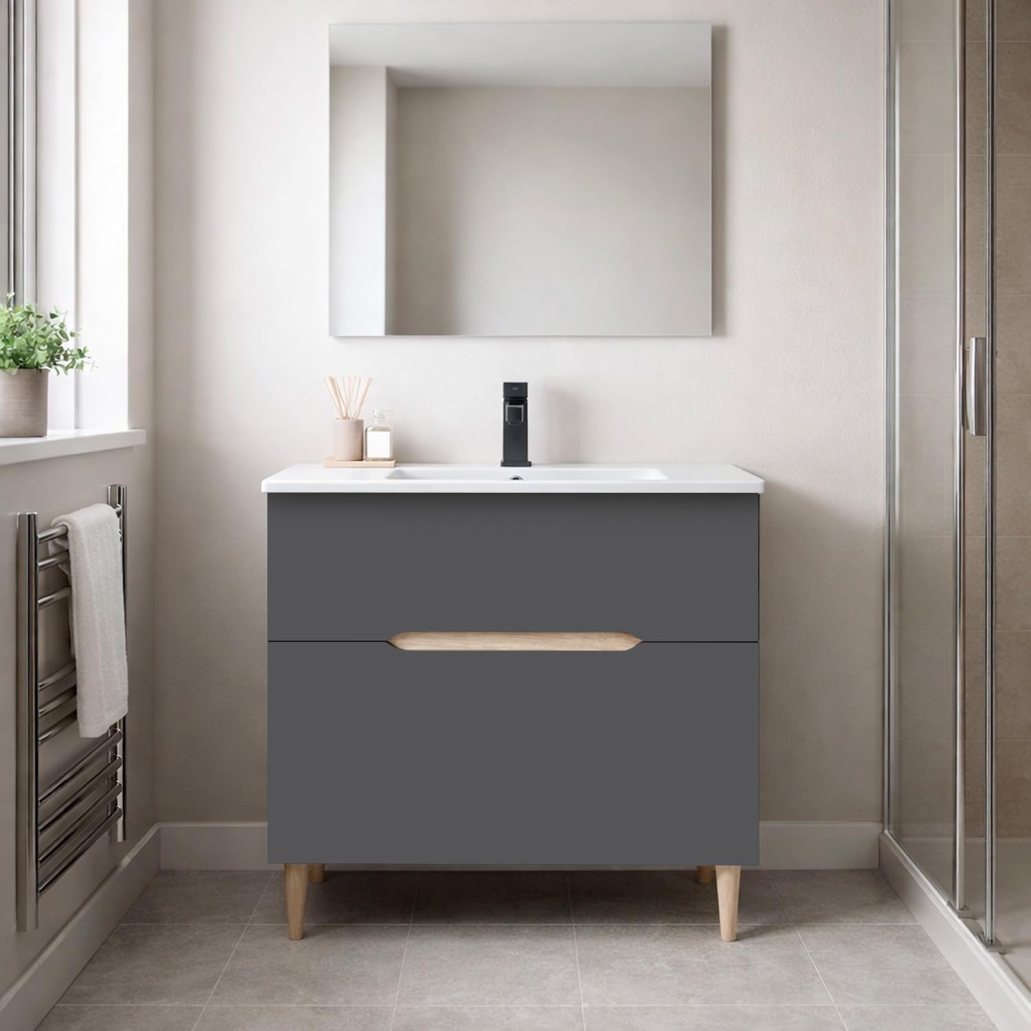 Arreditaly Mobile Bagno A Terra Con Lavabo In Ceramica E Specchio Inclusi 1 Cassetto Soft Close E 1 Anta A Vasistas Design Moderno Salvaspazio 80 x 45 x 80 Cm Colore Grigio Antracite E Rovere
