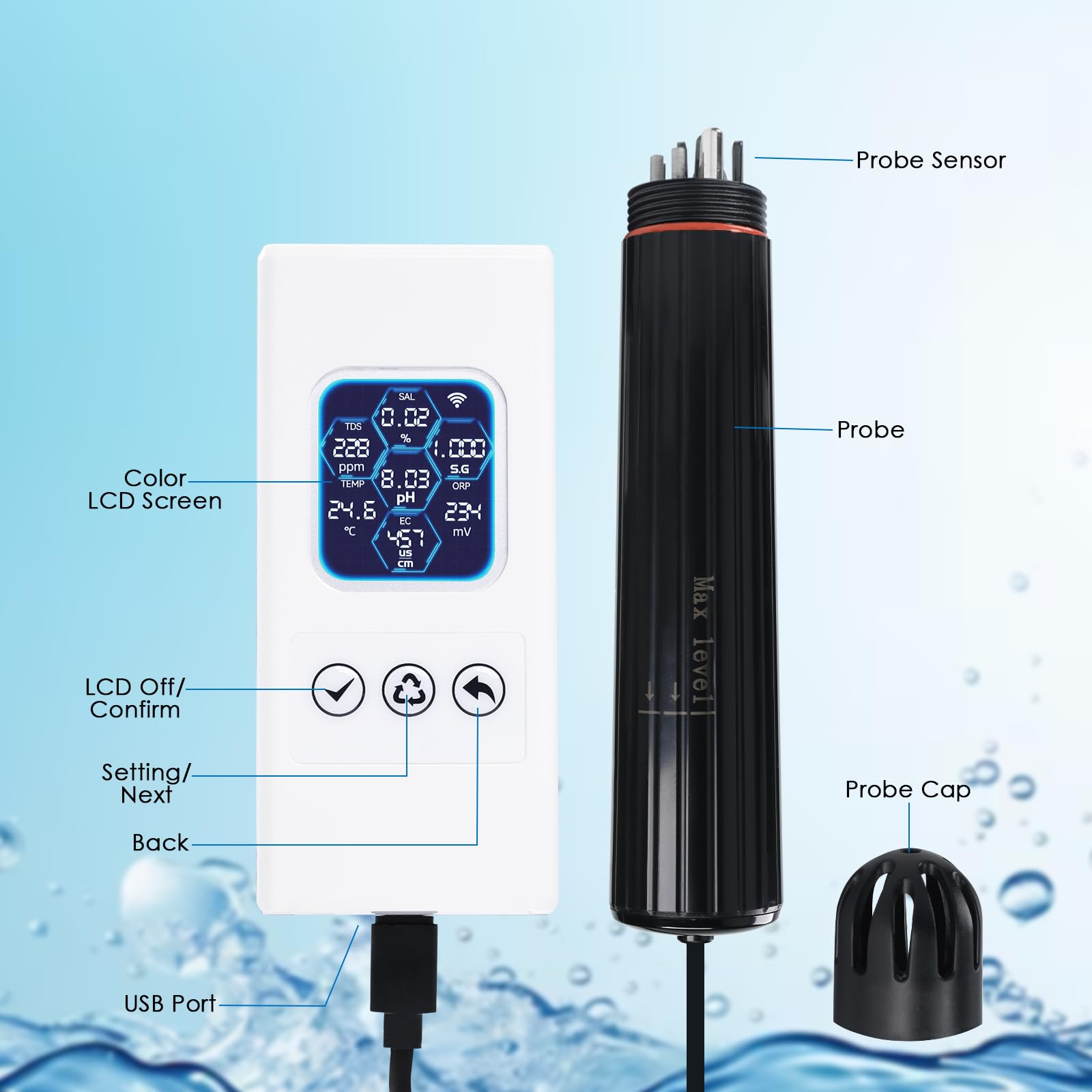 TEKCOPLUS Monitore di qualità dell'acqua 7 in 1 senza fili WiFi – pH/ORP/TDS/EC/Salinità/SG/Temp, App Tuya, avvisi in tempo reale, display a colori ATC per acquario, acqua dolce e acqua salata