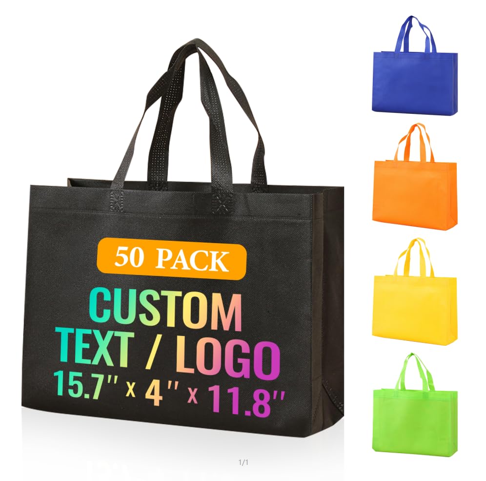 KQVXZZB 50 Custom Reusable Grocery Bags with Logo - Personalized Totes for Business, Events, Travel, and Daily Use