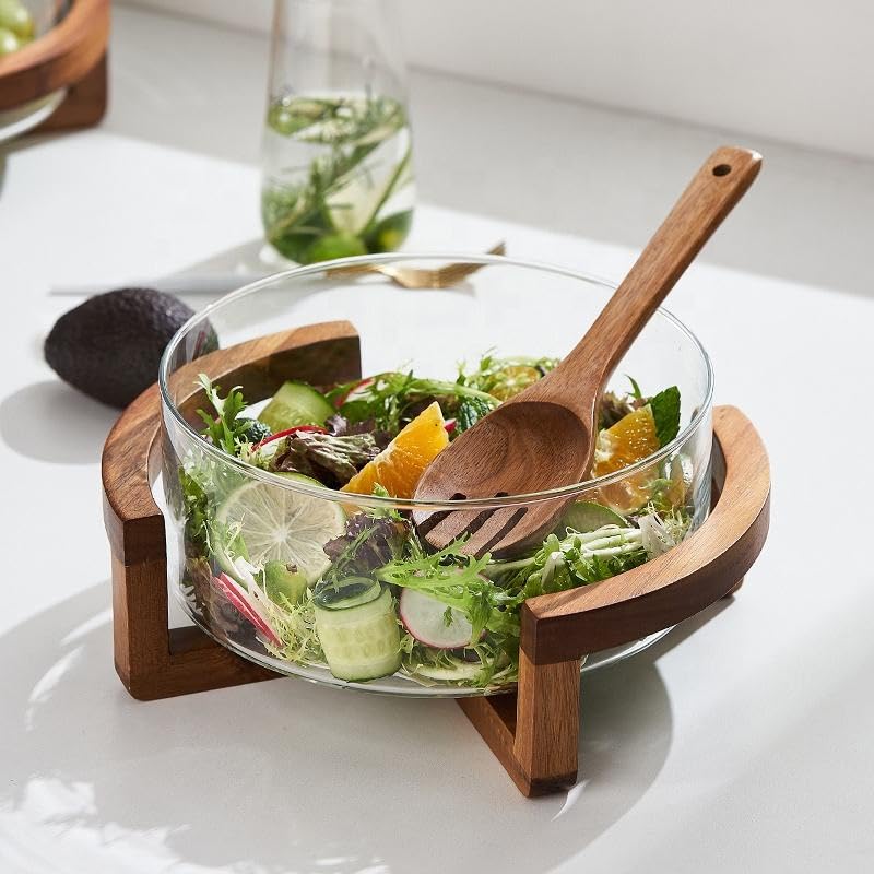 Image of Premium Glass Fruit Bowl with Natural Bamboo StandSet of 1, Large Modern Decorative Centerpiece for Kitchen Countertop Versatile Serving Bowl for Salads, Snacks, and Table Decor
