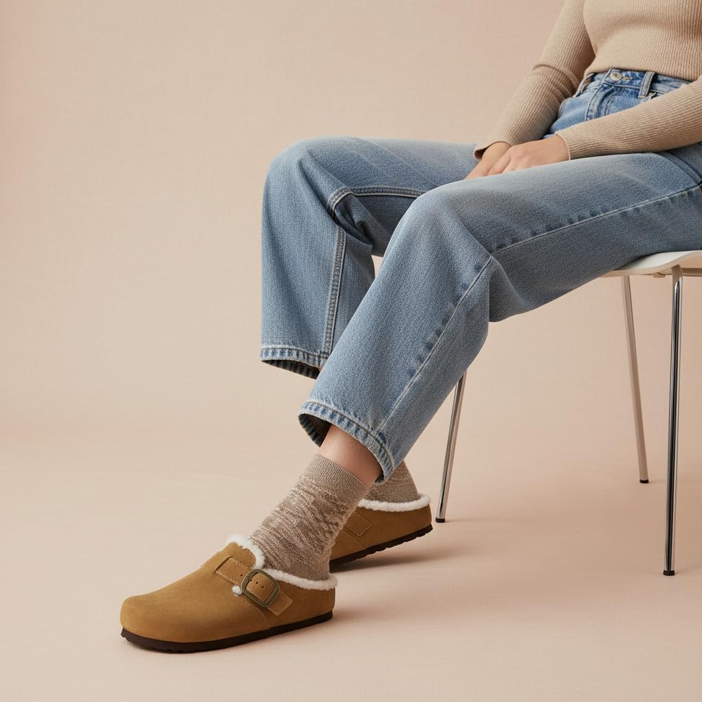 CUSHIONAIRE Haven Genuine Leather Clogs for Women – Faux Fur Lined Slip-On Womens Shoes with Cork Footbed and Adjustable Buckle - Image 5