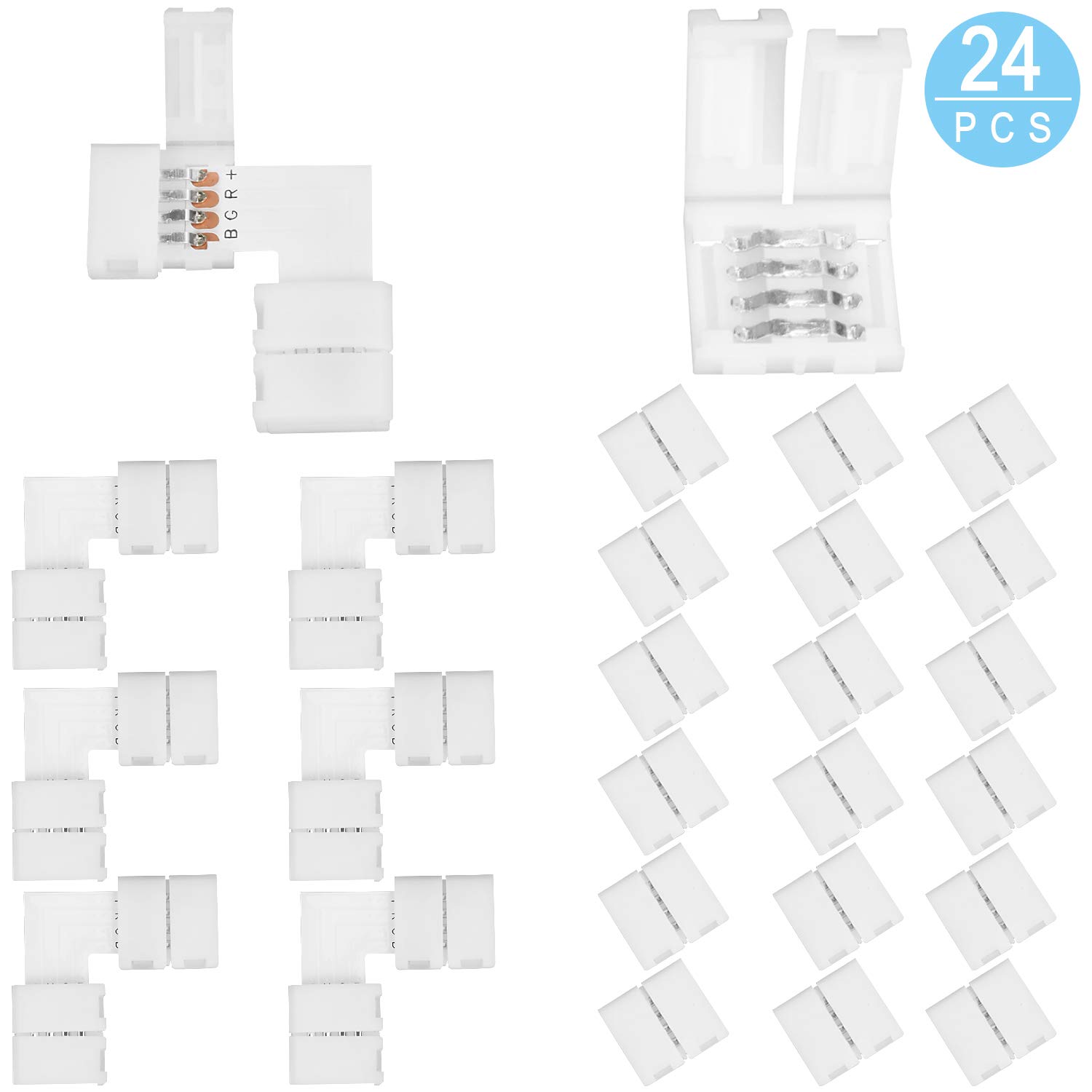 24Packs LED Light Strip Connector,18pcs 4 Pin Gapless Connectors,6pcs L Shape 4 Pin Solderless Connector,10mm Unwired Gapless Solderless Adapter Terminal Extension for SMD 5050 Multicolor LED Strip