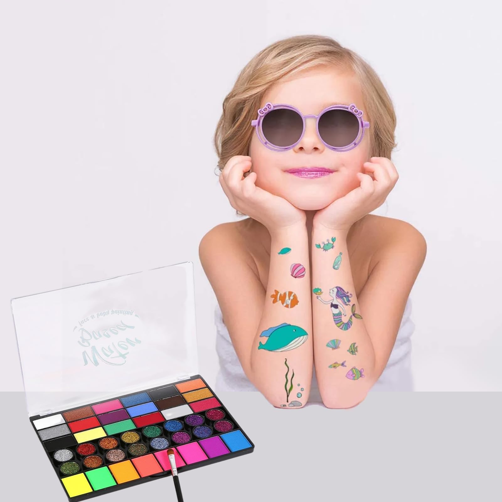 Palette Maquillage Enfant 42 Couleurs, Peinture Corporelle Visage avec 10 Pinceaux, 8 Pochoirs, 4 Éponges, Autocollants & Strass, Idéal Carnaval, Anniversaire, Halloween