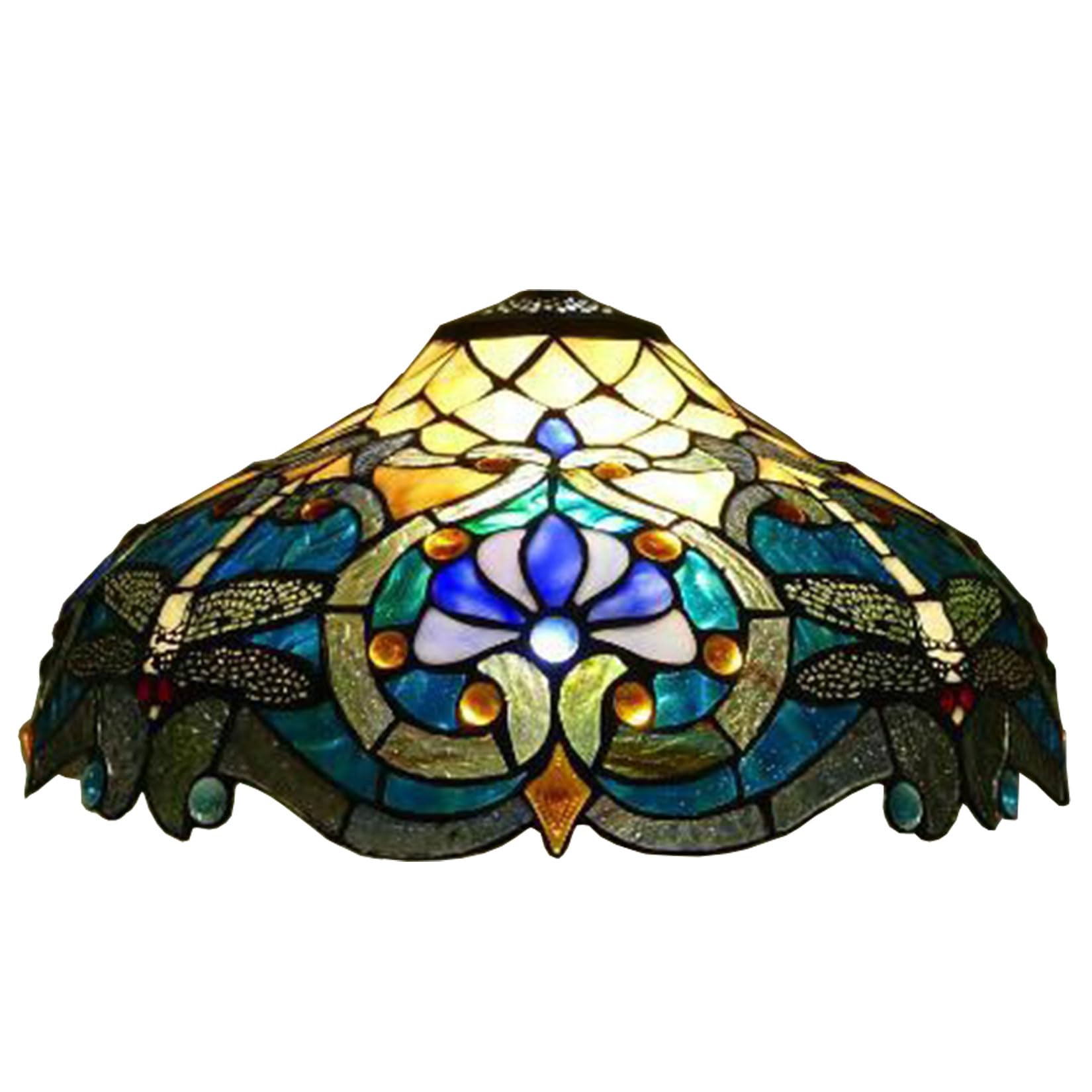 SaryEdge 17 Inch Tiffany Lamp Shade Replacement, Only Stained Glass Lamp Chimney, Baroque Dragonfly Blue Flower Glass Beads Design, for Table Lamp, Pendant Light, Floor Lamp, Ceiling F，