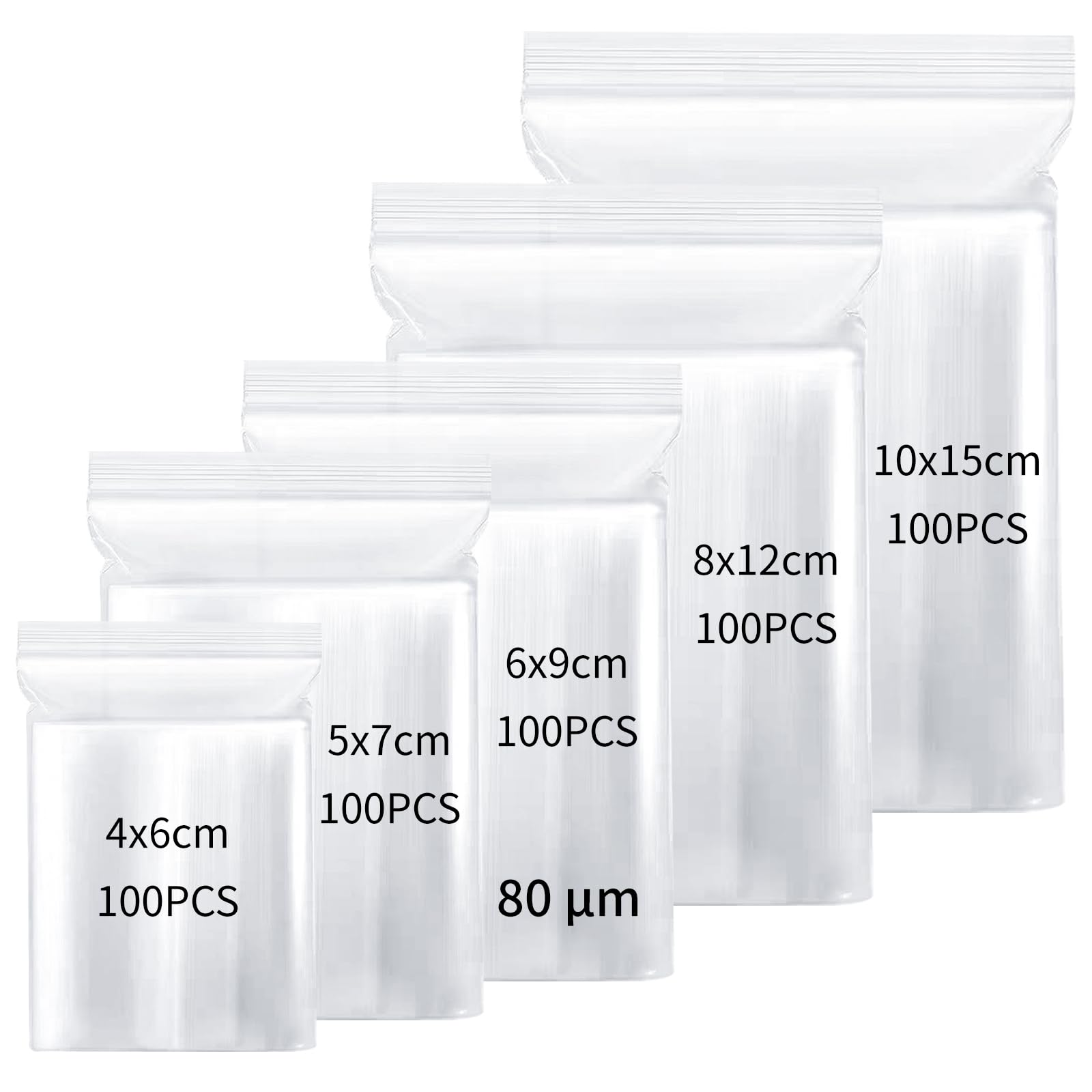 500Pcs Small Plastic Bags, 5 Assorted Sizes Sealable Clear Grip Seal Bags