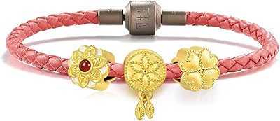 Mother's Day Gift 999 24K Solid Gold Mini Charm Om Mani Padme Hum Clover Dreamcatcher Mini Charm Blessing Bracelet for Mothers Mum, Jewelry Set 93485C 92448C 92447C