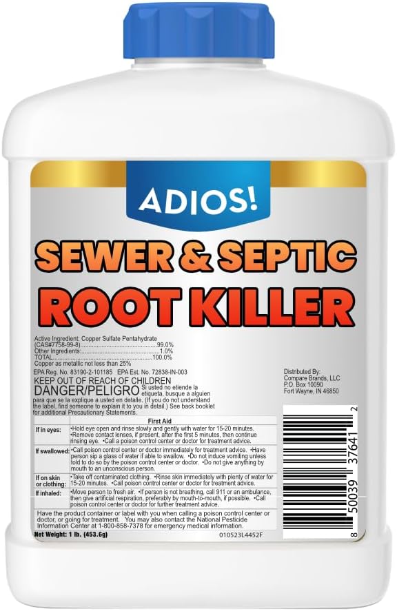 Adios! Copper Sulfate Root Killer for Trees and Shrubs, Protects Sewer Pipes, Drains and Septic Tanks from Invasive Root Growth (1 Pound)