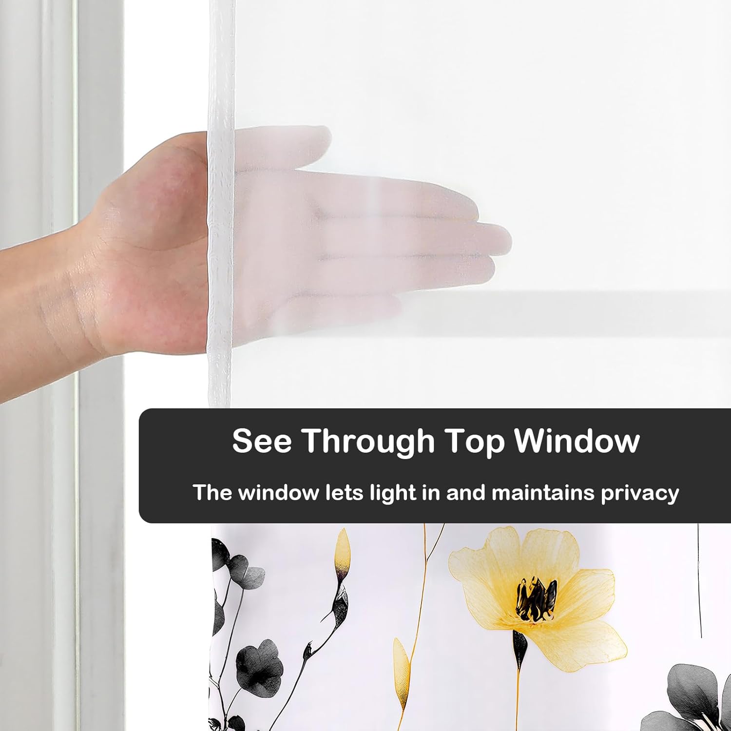 No Hook Floral Shower Curtains with Snap-in Liner Set for Bathroom, Hotel Style Double Layers with See Through Mesh Top Window, Yellow Grey Flower Fabric Bath Curtain Home Décor, 71x74 Inch