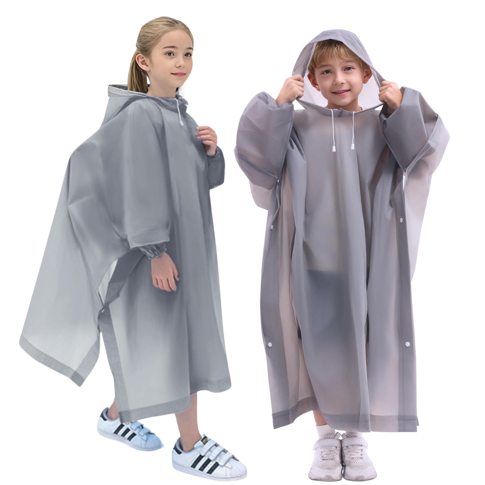 DZTSMART Reusable Waterproof Kids Rain Ponchos 2 Packs - 8-14Y, Hood & Sleeves, Park Essentials