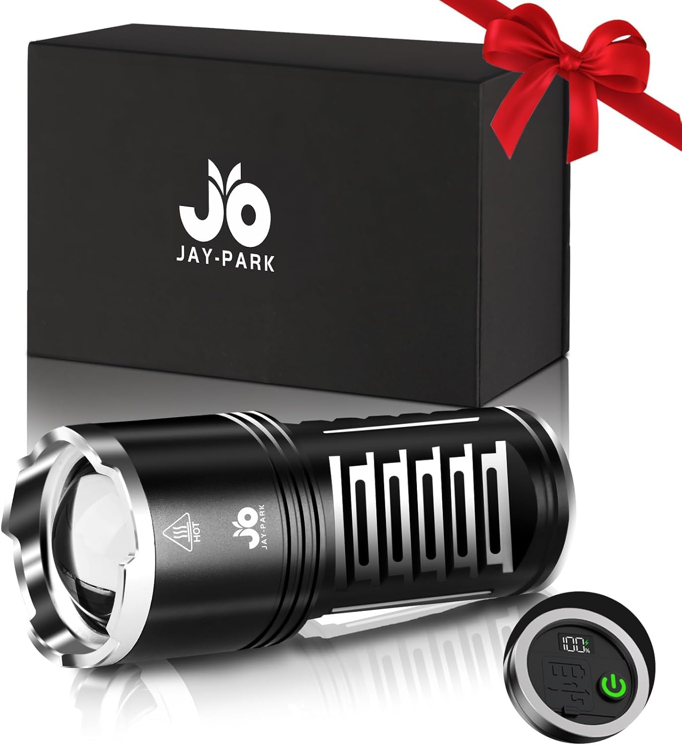 JAY-PARK Torches LED Super Bright 1000000 Lumens, High Power Torch Rechargeable with 10800mAh Battery and LCD Battery Indicator Display, 5 Modes, Zoomable Long Beam (3000m) IP67 Waterproof for Camping