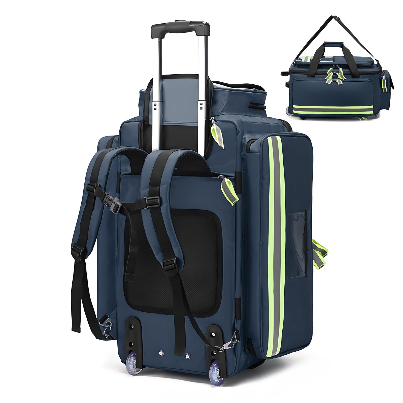ROGHA First Responder Trauma,Medical Rolling Bag,Multi-Pocket and Reflective Strip Design,with Compartments Removable,for Oxygen Tank Blue