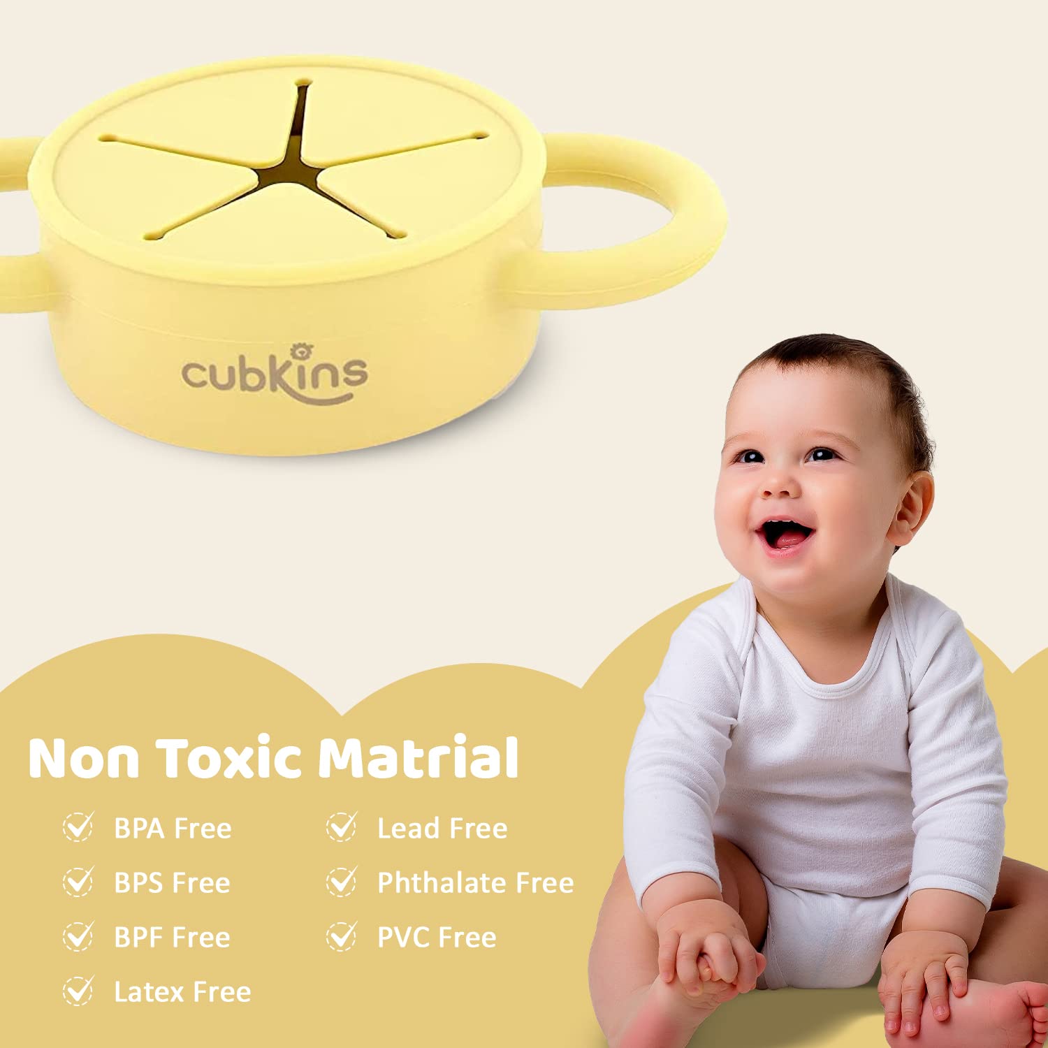CUBKINS Collapsible BPA Free Snack Cup for Baby, Infant, Toddler | 6 Months+ (Lemon) - 275ml - Image 4 thumbnail