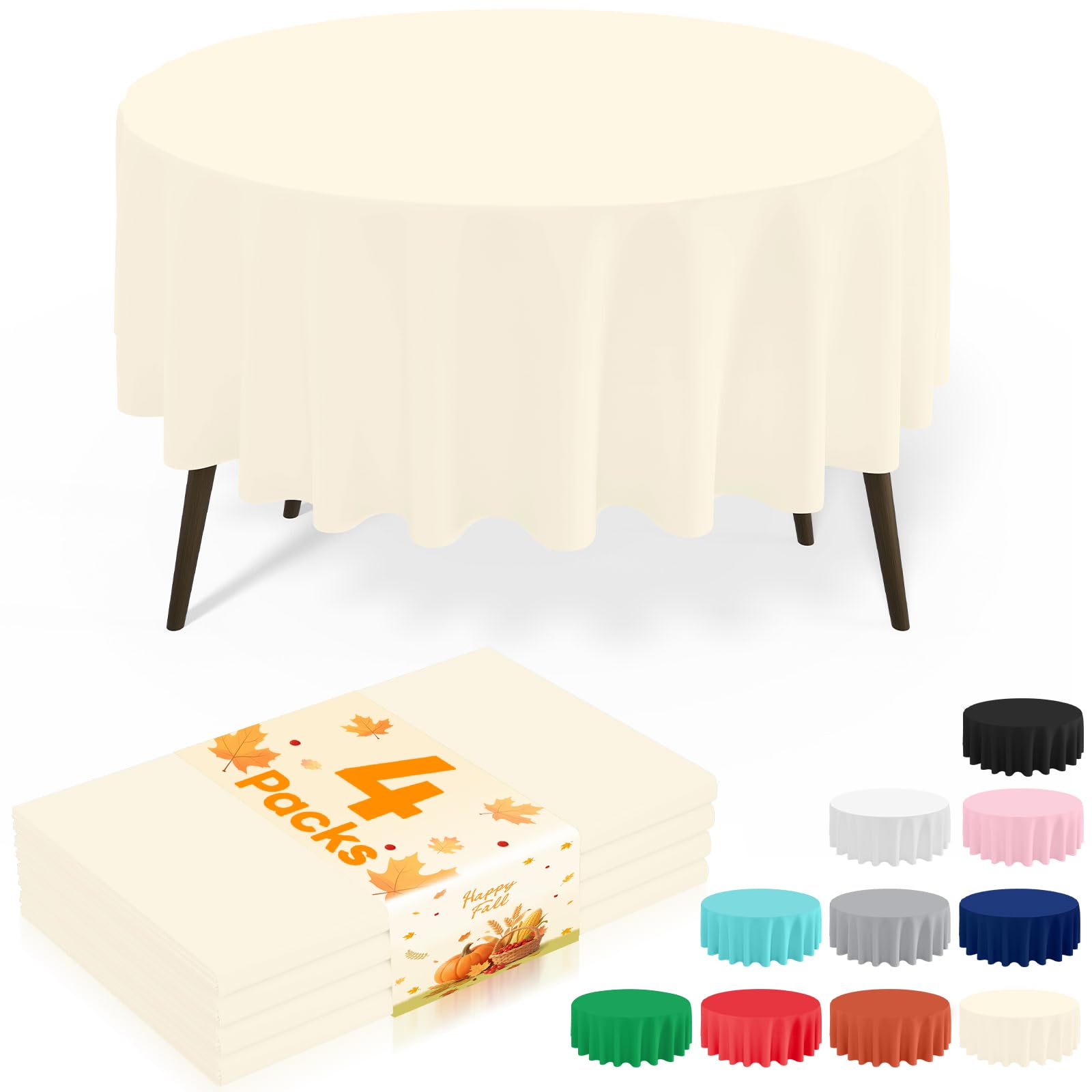 misaya 4 Packs Disposable Plastic Table Cloth, 84" Round Waterproof Tablecloth, Leakproof &amp; Sturdy Decorative Table Covers for Picnic, Party, Outdoor and Back to School, Beige