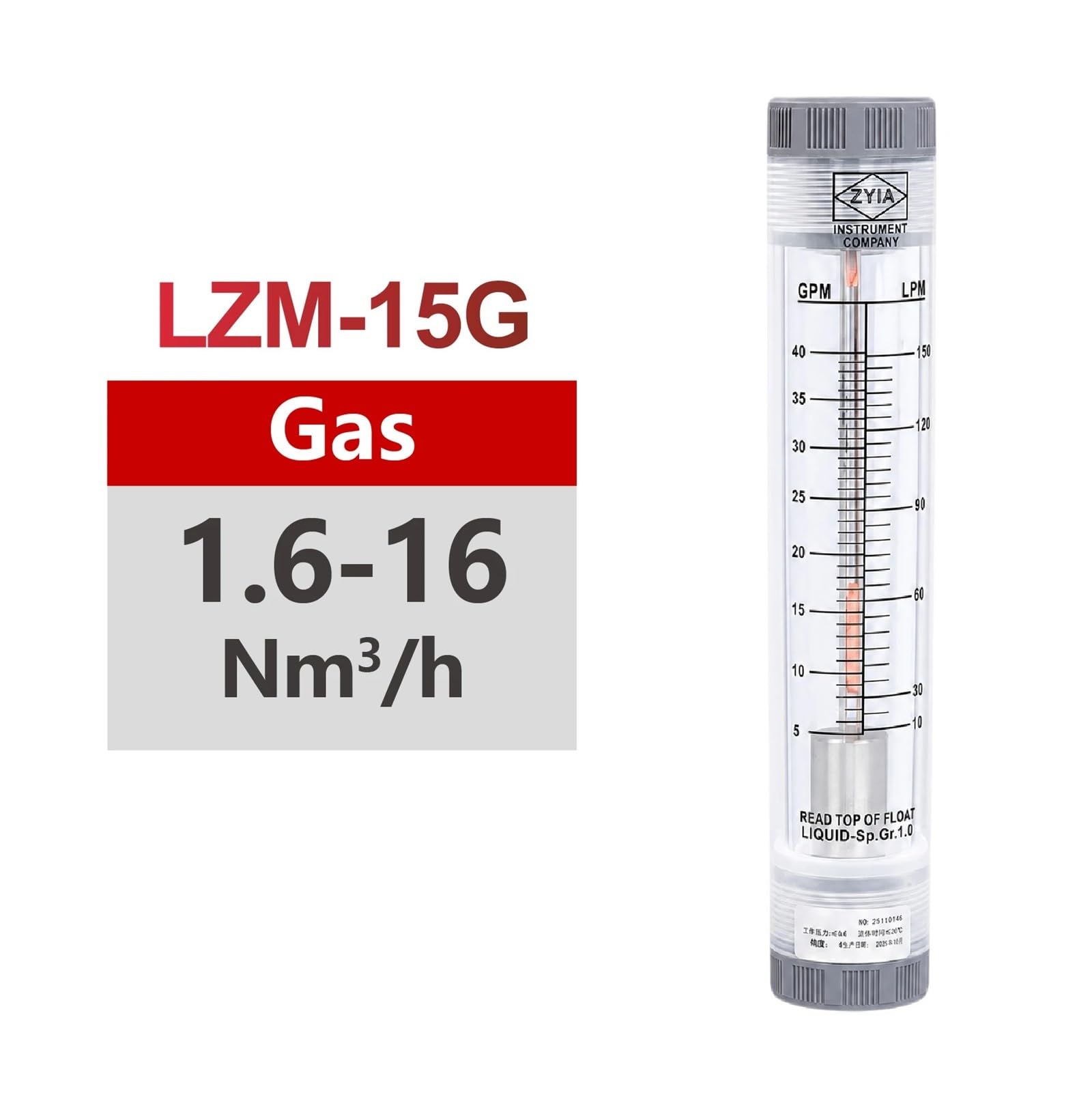 Rotámetro acrílico 0,3-40Nm3/h del medidor de Flujo de Gas de tubería de LZM-15G en línea(1.6-16Nm3-H)