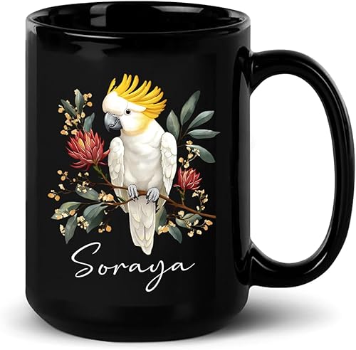 Taza de cerámica negra personalizada de cumpleaños con nombre, taza de café personalizada para amantes de la cacatúa, taza de café de pájaro de