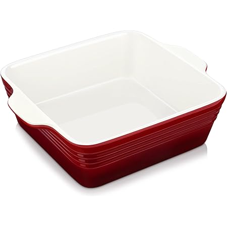 LOVECASA 8x8 inch Baking Pan, Square Cake Pan Baking Dish for Oven, Stoneware Brownie Pan Non-Stick, Casserole Baking Pan with Handle,Ceramic Bread Pans for Baking, 2 Quart, Red