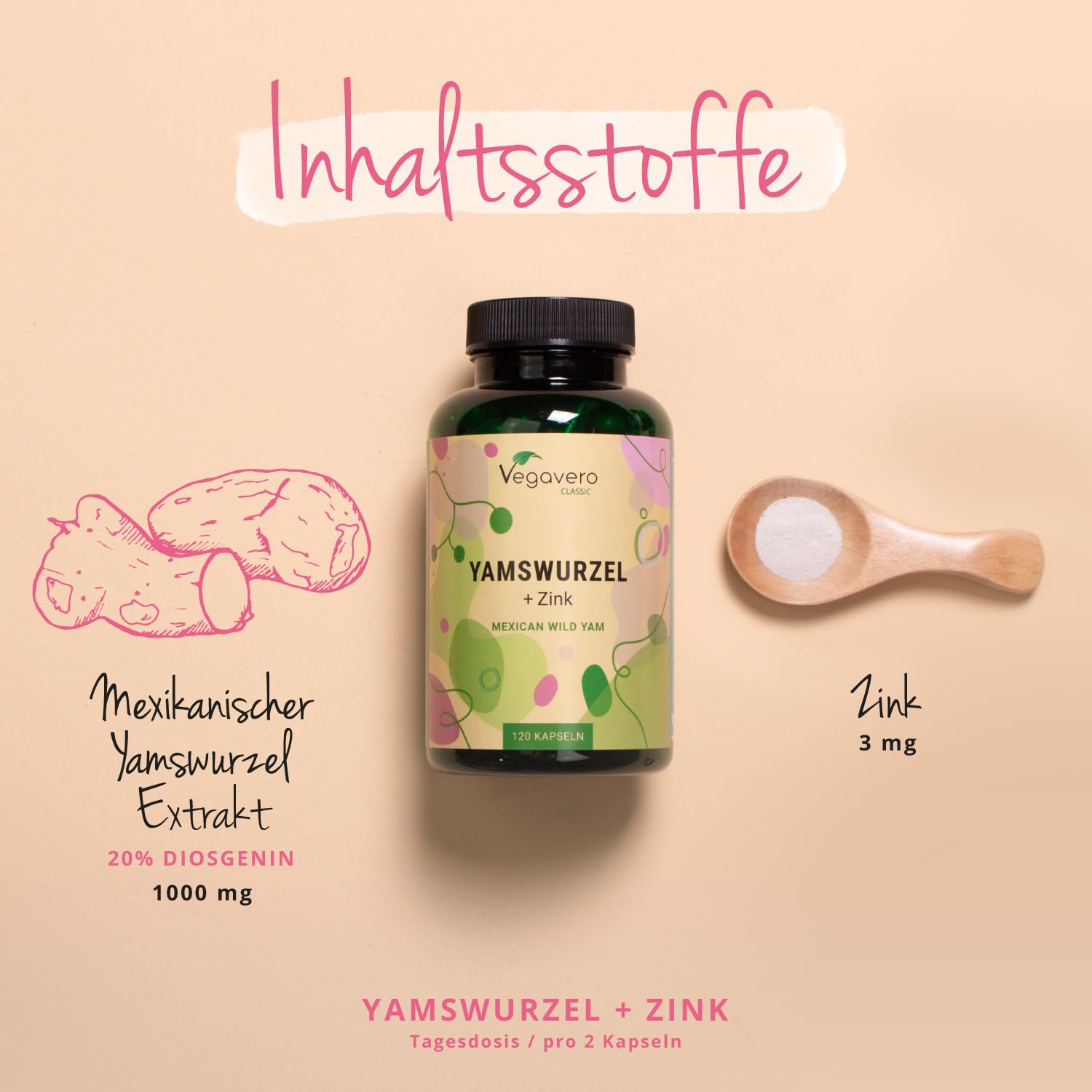 Vegavero Yamswurzel Kapseln hochdosiert 120 Stück - 1000 mg Wild Yam Extrakt 20:1 mit 20% Diosgenin & Zink - Dioscorea villosa hochdosiert - Vegan, ohne Zusatzstoffe