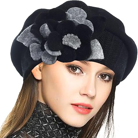 VECRY Mujeres Francesa Boina 100% Lana Boinas Floral Gorro de Punto Skull Cap Vestido Invierno Sombreros