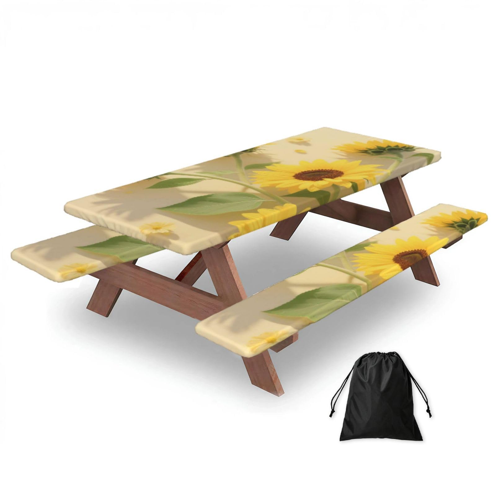FekiLoot Sunflower Leaf Picnic Table Cover with Bench Covers and Bag, Windproof Waterproof Rectangle Tablecloth with Elastic Edges Fitted Camping Table Covers for Picnic Party Travel