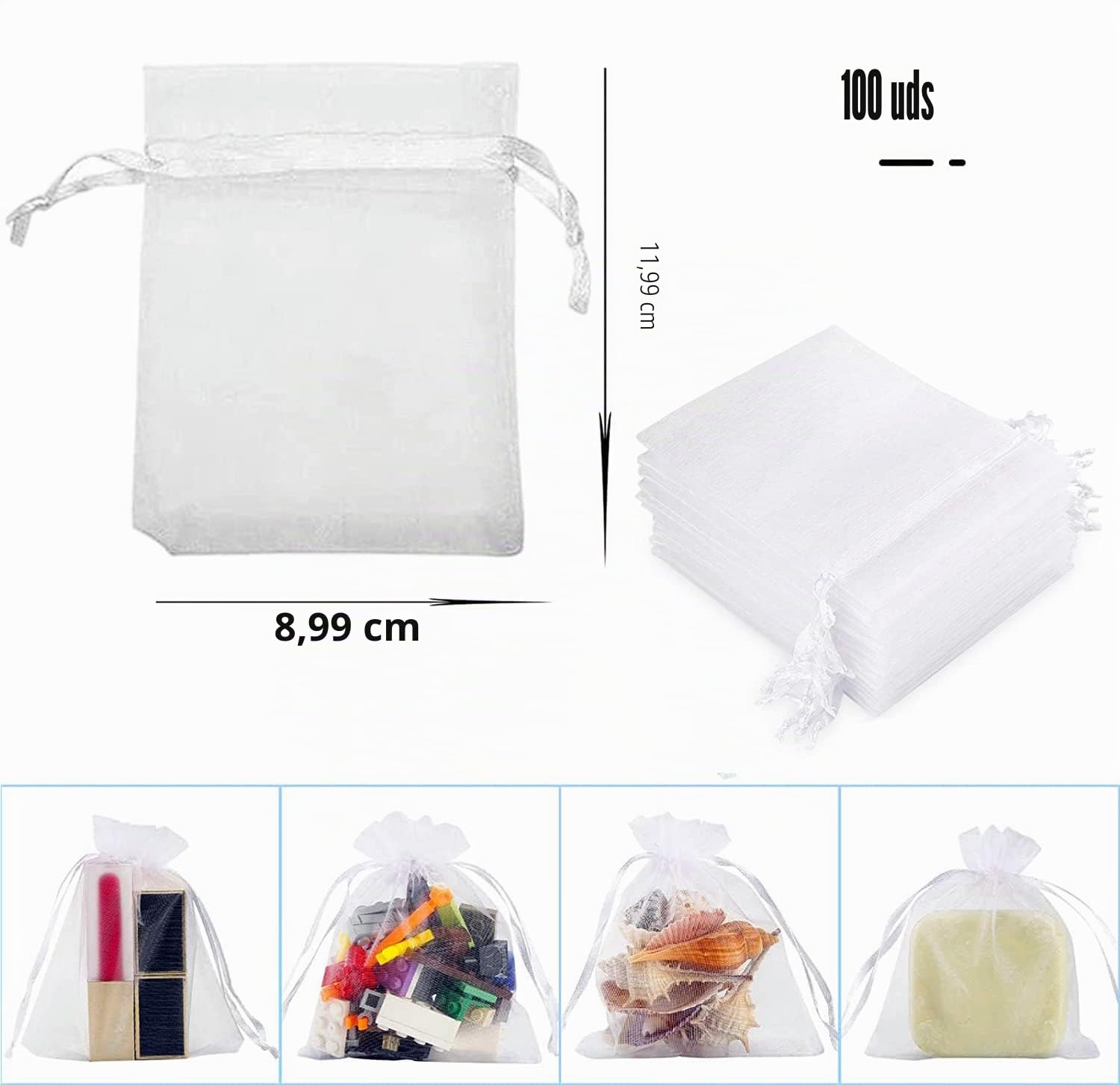 100 bolsas de organza blancas de 9 x 12 cm, bolsas de regalo, joyas para bodas, fiestas, festivales, fiestas y bodas, cordón de satén