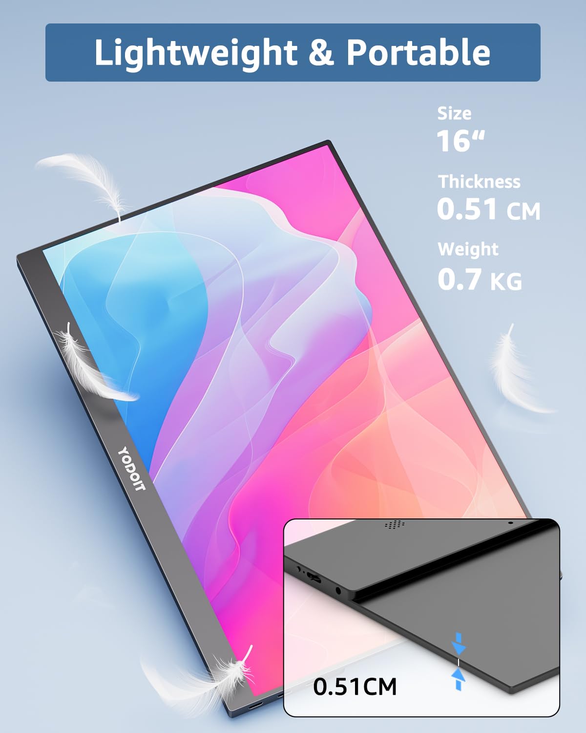 Yodoit - Monitor portatile 16”, 1920 x 1200, FHD, schermo IPS, display 16:10 con USB tipo C e altoparlanti integrati, con Smart Cover, compatibile con PC, laptop, MacBook, Xbox