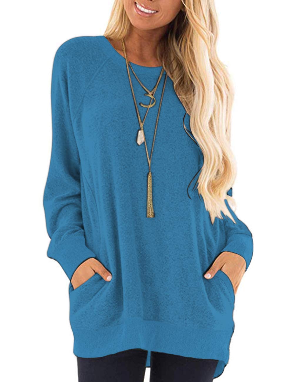 AUSELILY Long Sleeve Tops Women Round Neck Casual Jumpers Blouses Autumn Sweatshirts with Pockets Blue 2XL