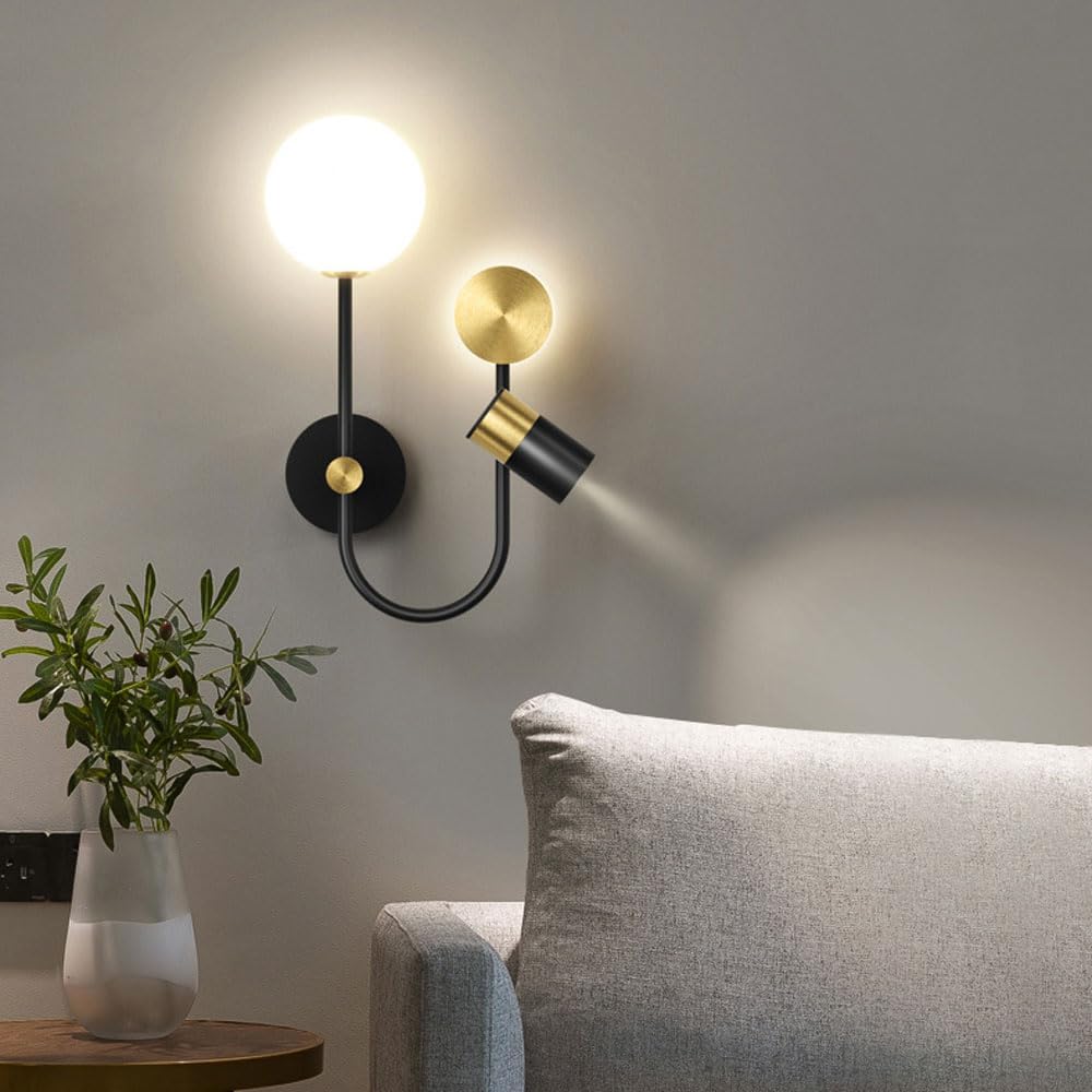 Modern Milk Glass Wall Light 12W Rotatable Bedroom Wall Sconces with Spotlight Black Mid Century Rustic Wall Sconce Light Fixture for Bathroom Bedside Living Room LED Wall Mounted Lamp