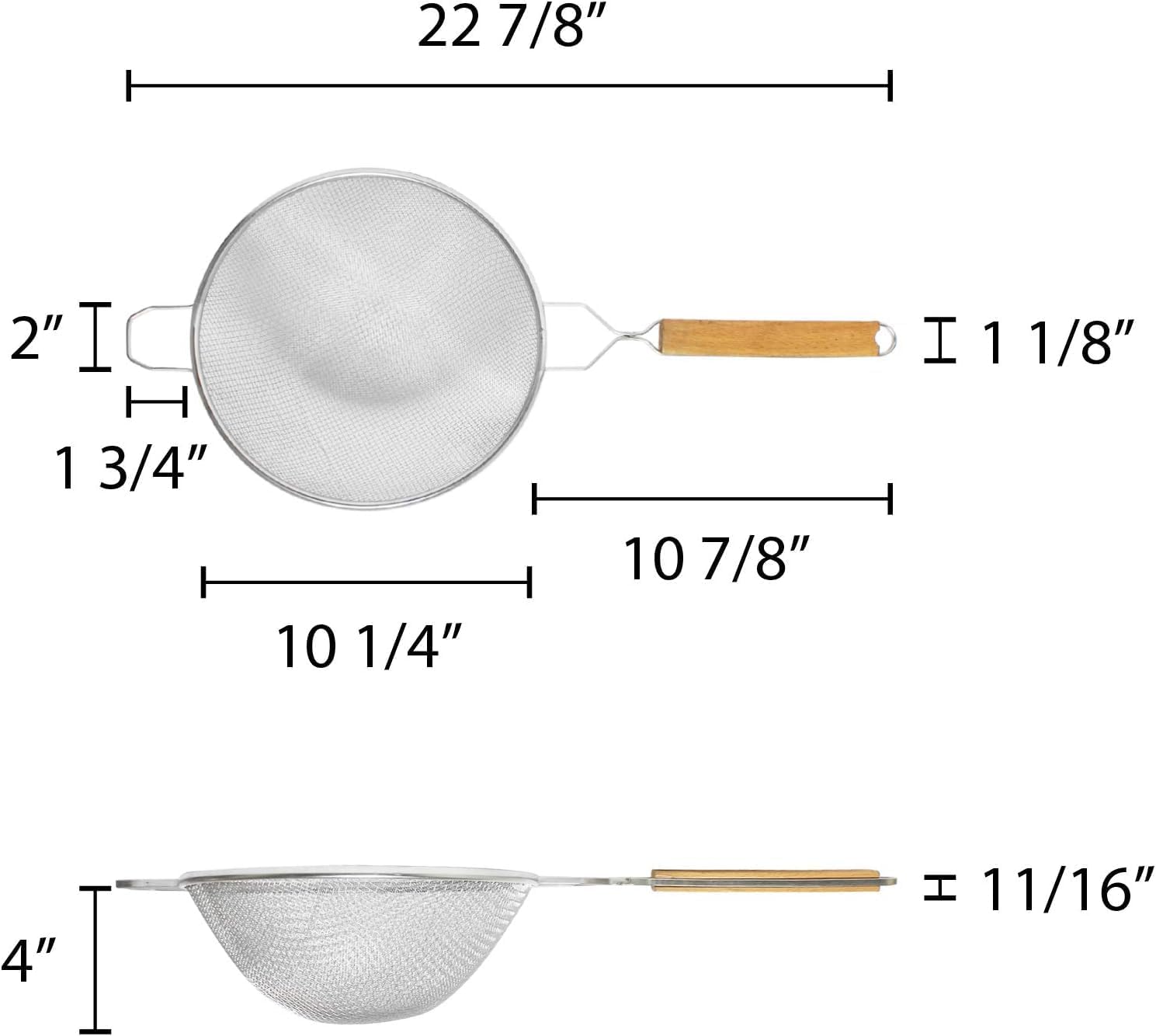 TrueCraftware- 10-Inch Double Medium Mesh Strainer Stainless Steel 10-3/4" Handle Length Wooden Handle- Kitchen Utensil Food Strainer Skimmer Spoon for Cooking Sieve Sifters Pasta Fruits Vegetable