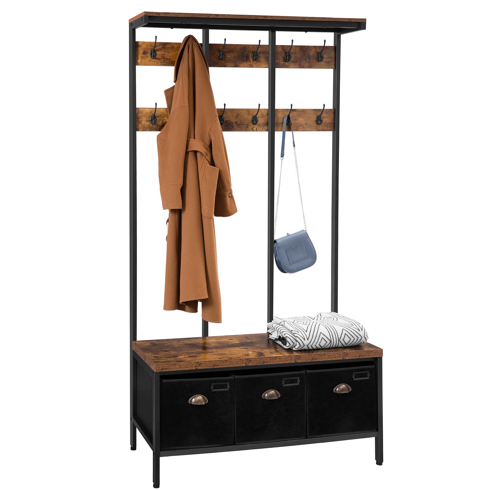 HOOBRO Perchero para Vestíbulo, Perchero de 12 Ganchos y 3 Cajones Organizadores, Banco Zapatero, Organizador de Entrada, para Sala de Estar, Dormitorio, Estable, Diseño Industrial EBF33MT01