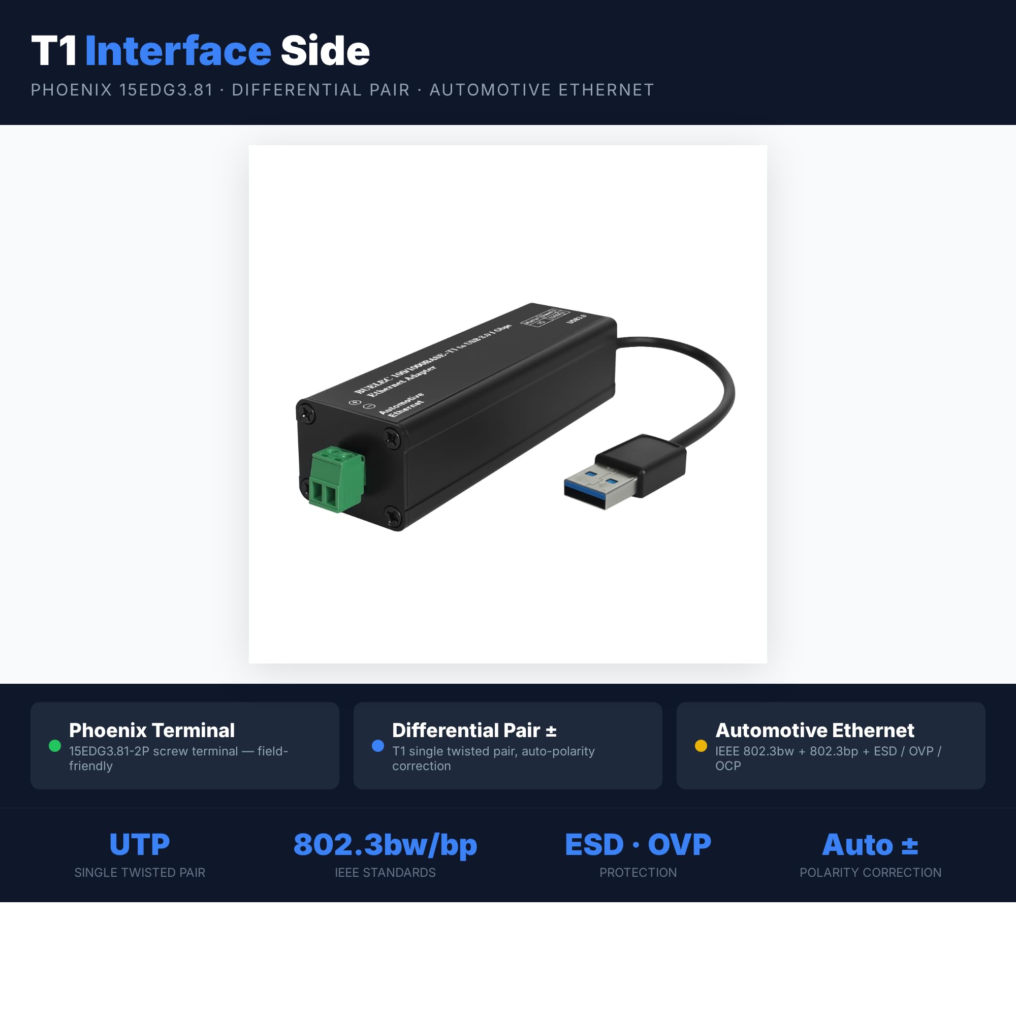 Adaptateur Ethernet USB 3.0 vers une seule paire automobile, 100/1000BASE-T1, alimenté par bus, avec adaptateurs MATEnet et HMTD, Plug and Play