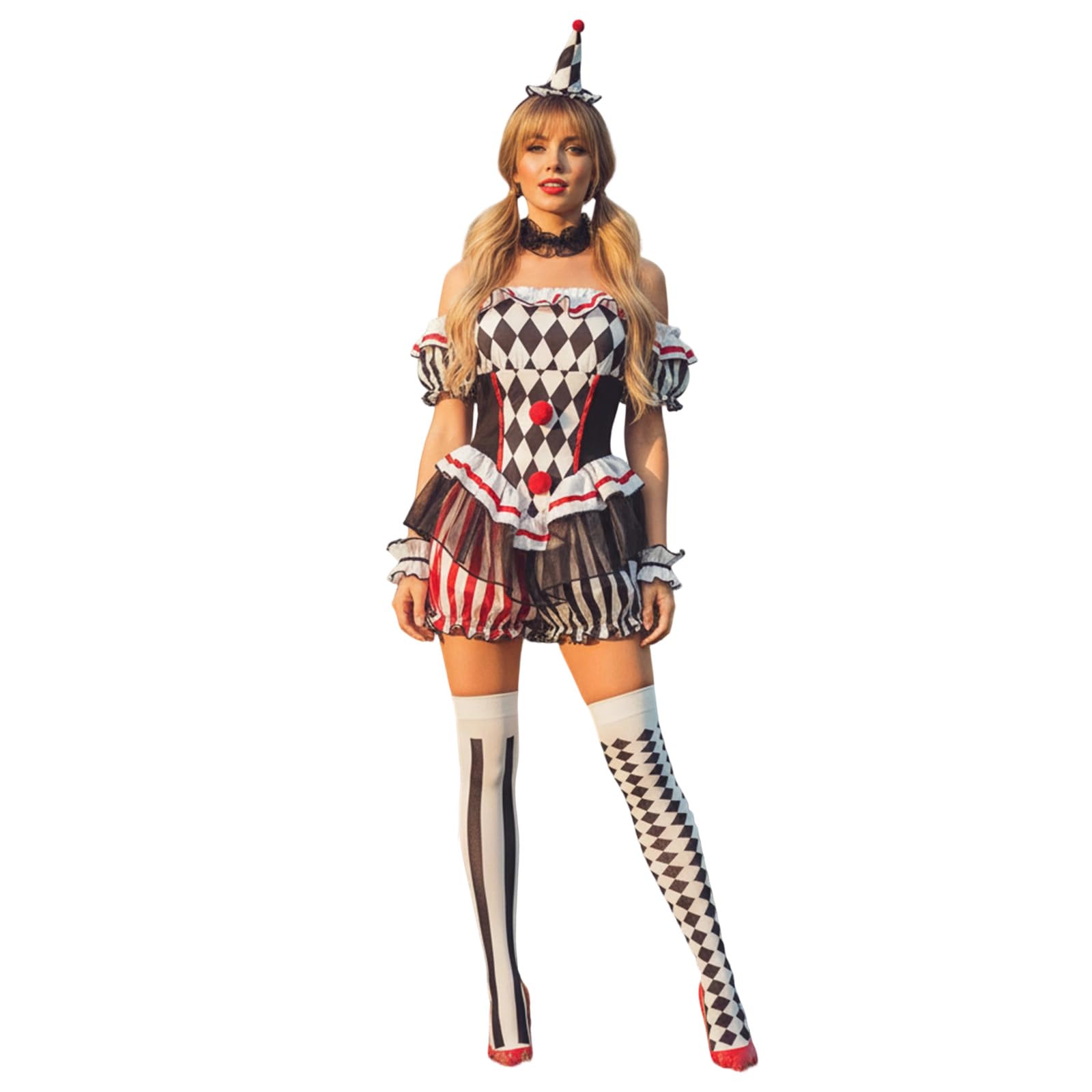 Gliswaieuznd Womens Halloween Clown Costume Jester Outfit Accessories for Cosplay Party (Black, XL)
