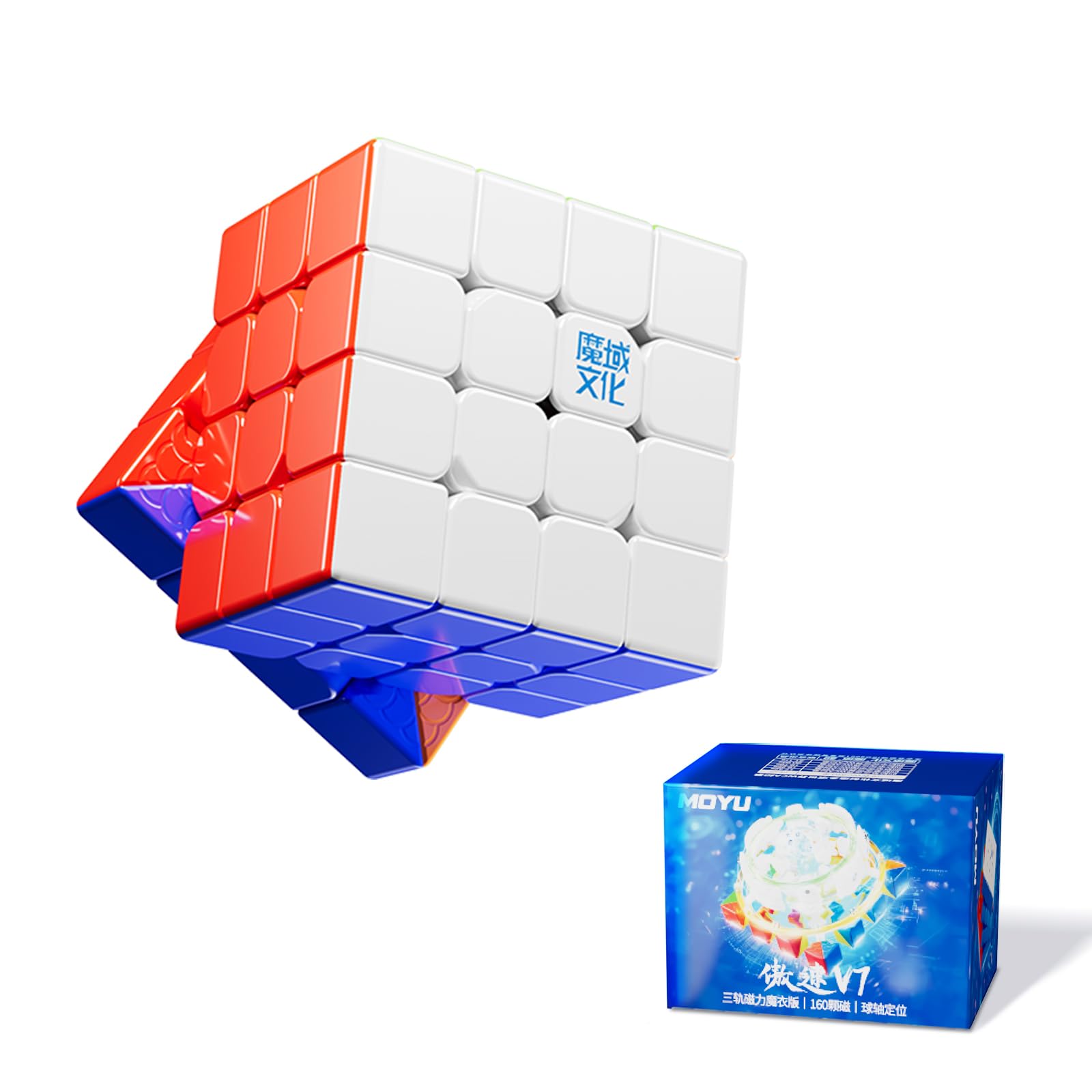 Moyu Aosu V7 4x4 Magnetic Stickerless UV Coated Speed Cube, 4 by 4 Flagship Edition Cube, 160 Magnets, Anti-Stick Design Adjustable Elasticity Magic Cube (Upgraded 3-Track Premium+Magic Cloth)