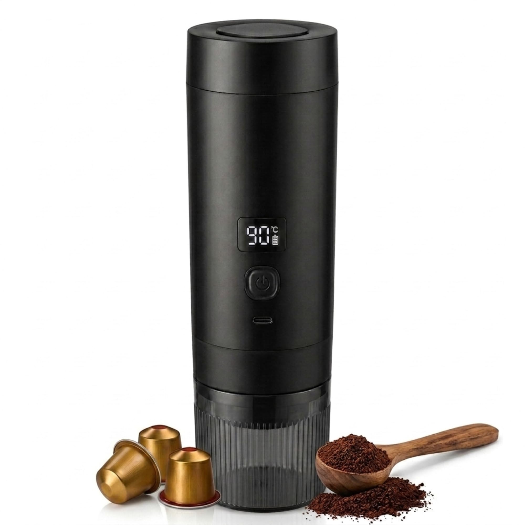 Kit Cafetera Portátil 3 en 1 – Maquina de Espresso 20 Bares Compatible con Cápsulas Nespresso, Dolce Gusto y Café Molido – Cafetera Capsulas Recargable USB-C 7800 mAh de Calentamiento Rápido