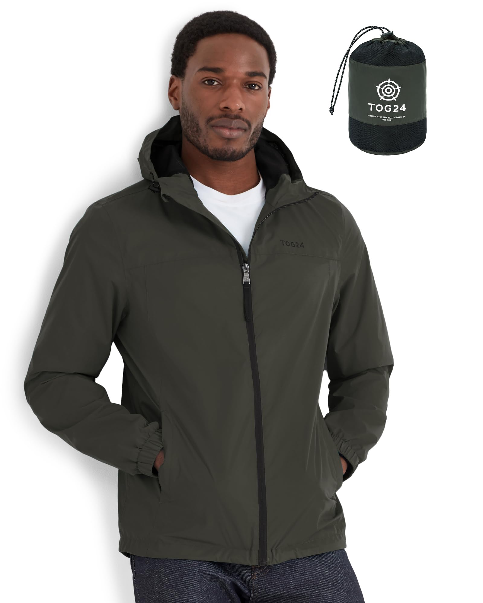 TOG24 Craven Mens Waterproof Packaway Jacket with Bag, Full Length Zip and Adjustable Hood, Breathable, Windproof