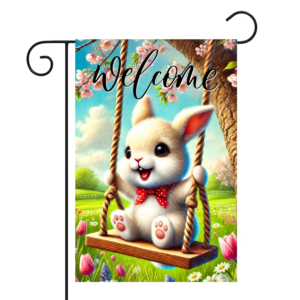 BlissYard Welcome Garden Flag 12x18 Inch Double Sided Spring Summer Yard Flags Cute Bunny Swing Outdoor Decorative Flag for Easter Yard Porch Farmhouse Outside Decor
