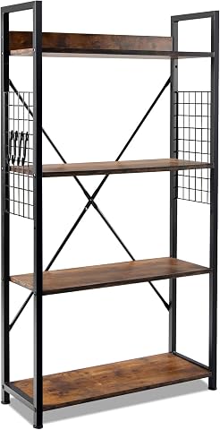 HOMASIS Estantería Industrial de Pie con 4 Niveles, Estantería de Oficina con Rejilla y Ganchos, Librería Vintage para Salón, Dormitorio, Estudio, con Patas Ajustables, 64x24x110cm, Negro y Marrón