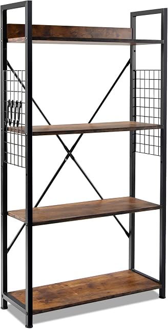 COSTWAY 4-Tier Bookshelf, Freestanding Bookcase Ladder Shelving Unit, Metal Frame Storage Rack Plant Stand Display Organiser for Living Room, Bedroom, Kitchen and Office (with 4 Hooks and Fence)