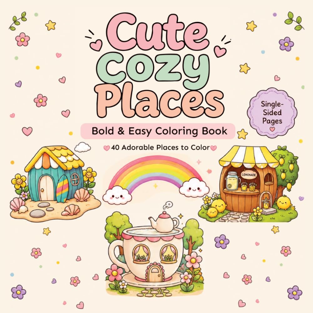 Cute Cozy Places: Bold & Easy Coloring Book , 40 Adorable Places to Color