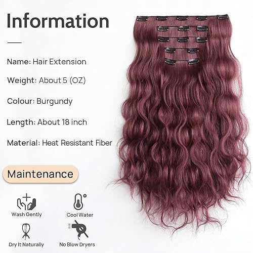 Miniatura 2 de Extensiones de cabello color burdeos con clip, extensiones de cabello ondulado de 18 pulgadas de grosor sintético con clips en rojo, para mujer, 5